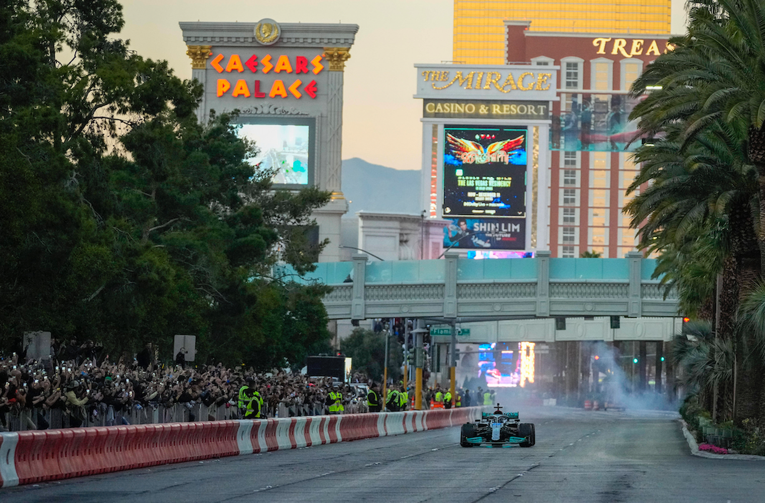 Formula One: Las Vegas Grand Prix Launch Party Nov 5, 2022; Las Vegas, Nevada, USA; Mercedes-AMG Petronas driver George Russell drives on the track during the Formula One Las Vegas Grand Prix Launch P ...