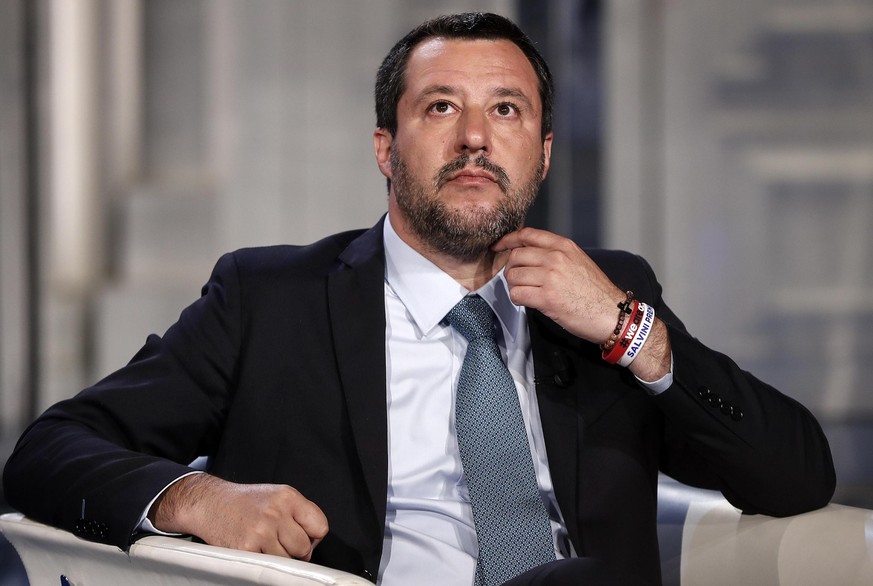 epa07451643 Italian Deputy Premier and Interior Minister, Matteo Salvini, attends the Raiuno Italian program &#039;Porta a porta&#039; conducted by Italian journalist Bruno Vespa in Rome, Italy, 20 Ma ...