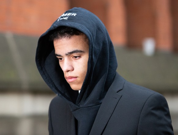 epa10811727 (FILE) A file photograph of Manchester United footballer Mason Greenwood arrives at Manchester Crown Court in Manchester, Britain, 21 November 2022, re-issued 21 August 2023. &quot;Manches ...