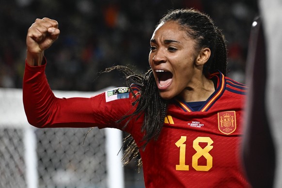 Spain&#039;s Salma Paralluelo celebrates after scoring her team&#039;s first goal during the Women&#039;s World Cup semifinal soccer match between Sweden and Spain at Eden Park in Auckland, New Zealan ...