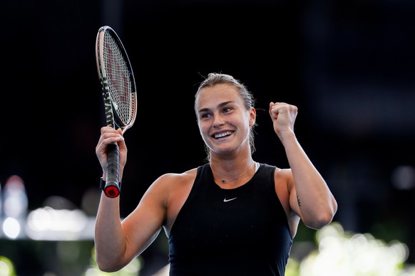 epa10395075 Aryna Sabalenka celebrates victory during her match against Linda Noskova of the Czech Republic in the Womens Singles Final 2023 Adelaide International Tennis Tournament at the Memorial Dr ...