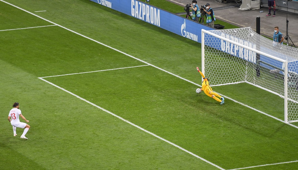 France's goalkeeper Hugo Lloris saves a penalty taken by Switzerland's Ricardo Rodriguez, left, during the Euro 2020 soccer championship round of 16 match between France and Switzerland at N ...