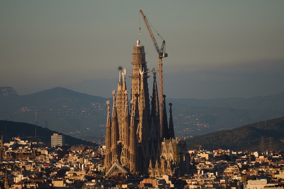 KEYPIX - View of the Sagrada Familia basilica, which became the world's tallest church on Thursday after a section of its central tower was lifted into place, in Barcelona, Spain, Oct. 30, 2025.  ...