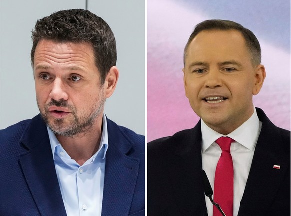 This combination of photos shows Warsaw Mayor Rafal Trzaskowski, left, in Warsaw, Poland, on March 14, 2022 and Karol Nawrocki in Szeligi near Warsaw, Poland, on March 2, 2025. (AP Photo/Czarek Sokolo ...
