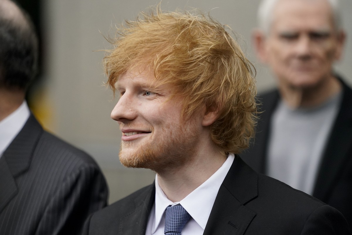 Recording artist Ed Sheeran departs after speaking to the media outside New York Federal Court, Thursday, May 4, 2023, in New York. A jury has concluded that the British singer's hit song ?Thinki ...