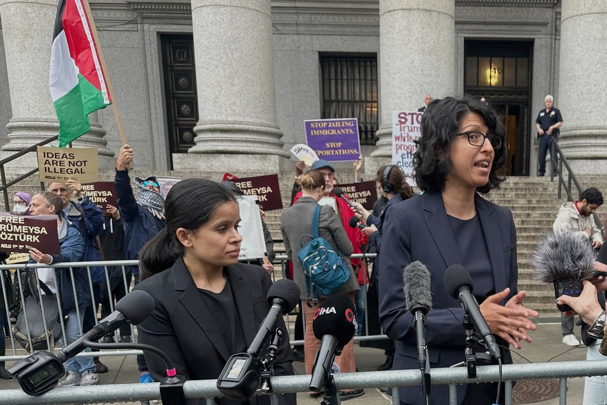 Lawyers Esha Bhandari and Naz Ahmed talks to the media outside court as a federal appeals court is scheduled to hear arguments in the cases of a Turkish Tufts University student who has been detained  ...