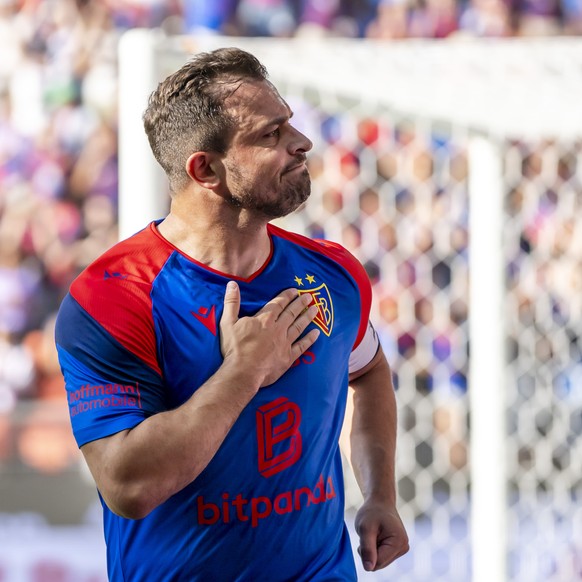 Xherdan Shaqiri (FCB) jubelt nach seinem Tor zum 4:0 im Fussball Meisterschaftsspiel der Regular Season der Swiss Super League zwischen dem FC Basel 1893 und dem FC Thun im Stadion St. Jakob-Park in B ...