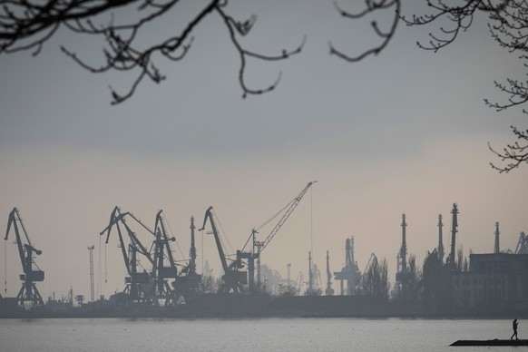 FILE - Harbor cranes are seen at the trade port in Mariupol, Ukraine, Wednesday, Feb. 23, 2022. Ukranian and Russian ports in the Black Sea are major hubs for wheat and corn, but traffic in and out ha ...