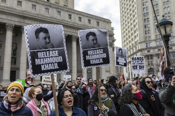 A crowd gathers in Foley Square, outside the Manhattan federal court, in support of Mahmoud Khalil, Wednesday, March 12, 2025, in New York. (AP Photo/Stefan Jeremiah)
Campus Protests Immigration Arres ...