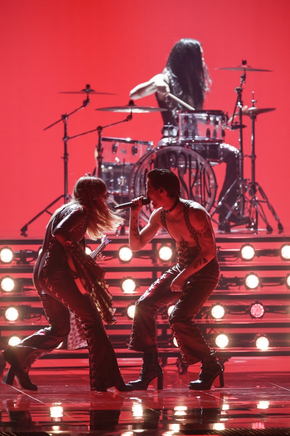 Maneskin from Italy perform during rehearsals at the Eurovision Song Contest at Ahoy arena in Rotterdam, Netherlands, Friday, May 21, 2021. (AP Photo/Peter Dejong)
Maneskin