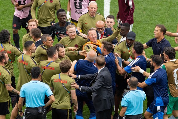 Canada and Qatar players and staff scuffle after the World Cup Group B soccer match between Canada and Qatar in Vancouver, British Columbia, Thursday, June 18, 2026. (Timothy Matwey/The Canadian Press ...