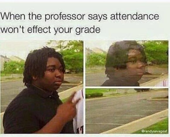 Meme Universität/Studieren: When the professor says attendance won't affect your grade