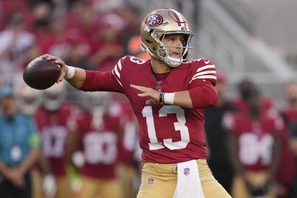 San Francisco 49ers quarterback Brock Purdy throws during the first half of a preseason NFL football game against the Los Angeles Chargers Friday, Aug. 25, 2023, in Santa Clara, Calif. (AP Photo/Jeff  ...