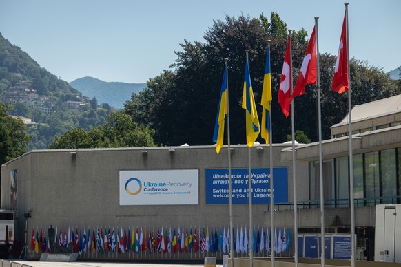 The Palazzo dei Congressi is pictured before the Ukraine Recovery Conference URC, Sunday, July 3, 2022 in Lugano, Switzerland. The URC is organised to initiate the political process for the recovery of Ukraine after the attack of Russia to its territory. (KEYSTONE/Ti-Press/Massimo Piccoli)
