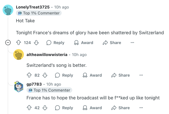 Eurovision 1st semi final 2025 https://www.reddit.com/r/eurovision/comments/1klxx7m/reactions_hot_takes_salt_and_venting_thread_esc/