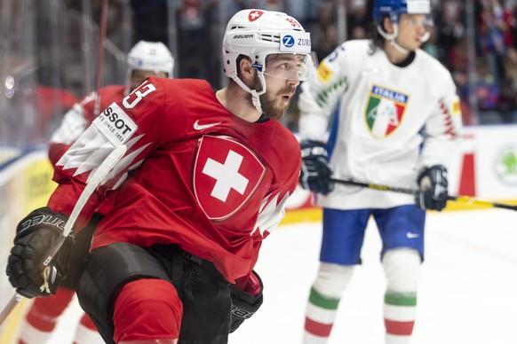 Switzerland&#039;s Lino Martschini celebrater after scoring 3:0 during the game between Switzerland and Italy, at the IIHF 2019 World Ice Hockey Championships, at the Ondrej Nepela Arena in Bratislava ...