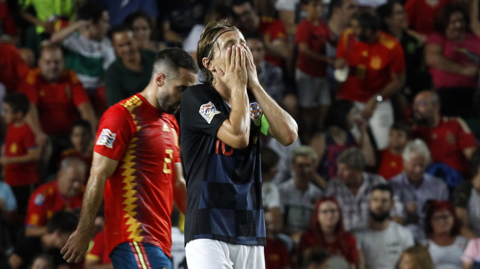 Croatia&#039;s Luka Modric reacts after Spain&#039;s Sergio Ramos scoring his side&#039;s fifth goal during the UEFA Nations League soccer match between Spain and Croatia at the Manuel Martinez Valero ...