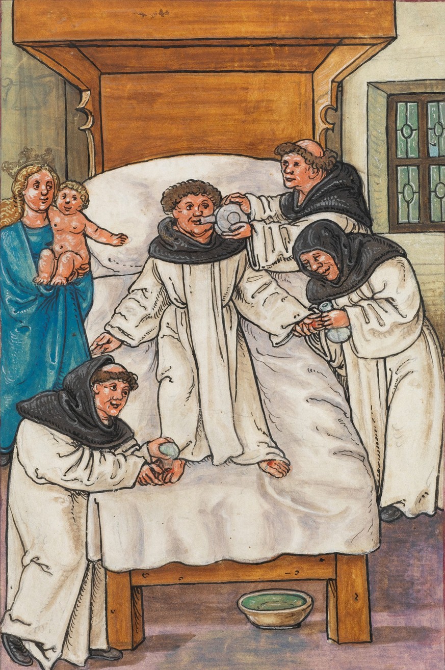 The preparations for the Passion Play: A brother gives him drink while two other brothers stigmatize Jetzer.  https://www.e-codices.unifr.ch/de/kol/S0023-2/483/0/