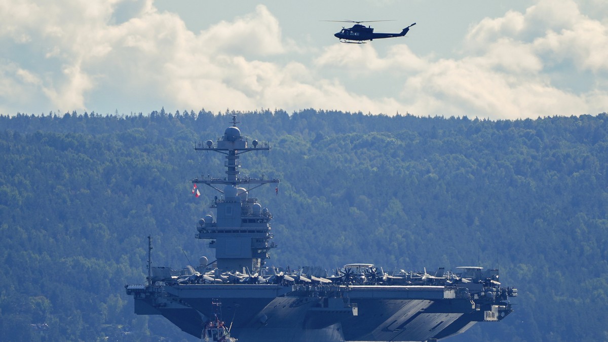 The US aircraft carrier USS Gerald R. Ford on its way out of the Oslofjord at Nesodden and Bygdøy, Oslo, Norway, Wednesday, Sept. 17, 2025. (Lise Åserud/NTB Scanpix via AP)
Norway US