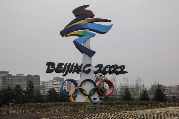 epa09591010 A larger logo of the 2022 Beijing Winter Olympics is seen in Beijing, China, 19 November 2021. According to media reports, US President Joe Biden says US is considering diplomatic boycott  ...