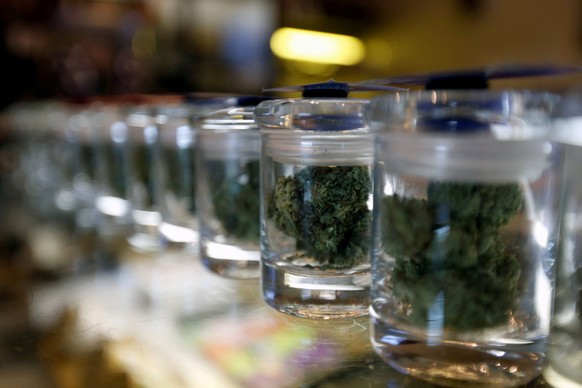 FILE PHOTO - A variety of medicinal marijuana buds in jars are pictured at Los Angeles Patients &amp; Caregivers Group dispensary in West Hollywood, California U.S. on October 18, 2016. REUTERS/Mario  ...