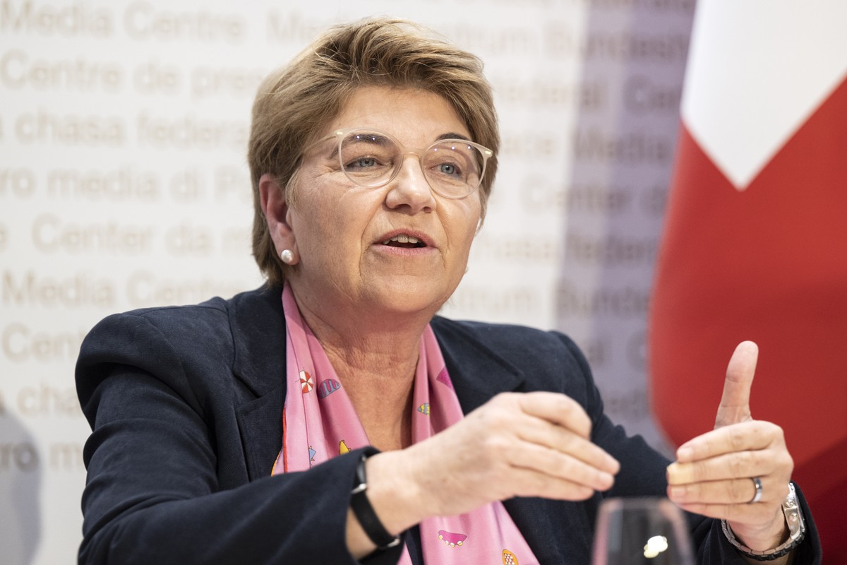 Bundesraetin Viola Amherd spricht an einer Medienkonferenz, am Mittwoch, 26. Februar 2025, in Bern. (KEYSTONE/Peter Schneider)