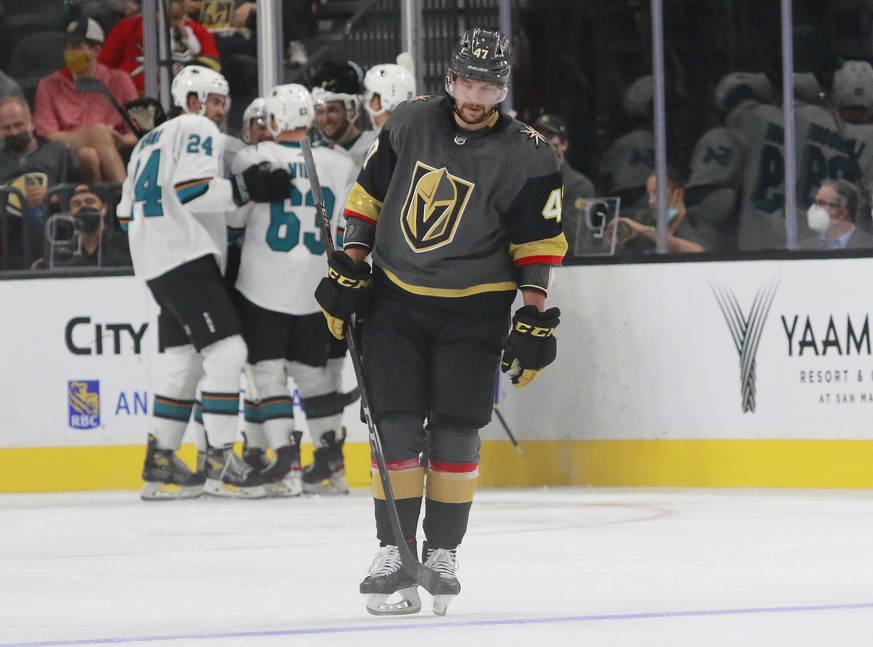 Vegas Golden Knights left wing Sven Baertschi (47) retreats towards center ice as the San Jose Sharks celebrate a goal by Sharks&#039; Adam Raska (57) in the second period of an NHL hockey preseason g ...