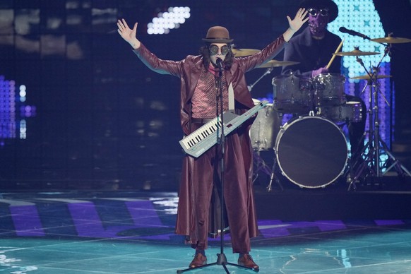 Circus Mircus from Georgia singing &#039;Lock Me In&#039; performs during rehearsals at the Eurovision Song Contest in Turin, Italy, Wednesday, May 11, 2022. (AP Photo/Luca Bruno)