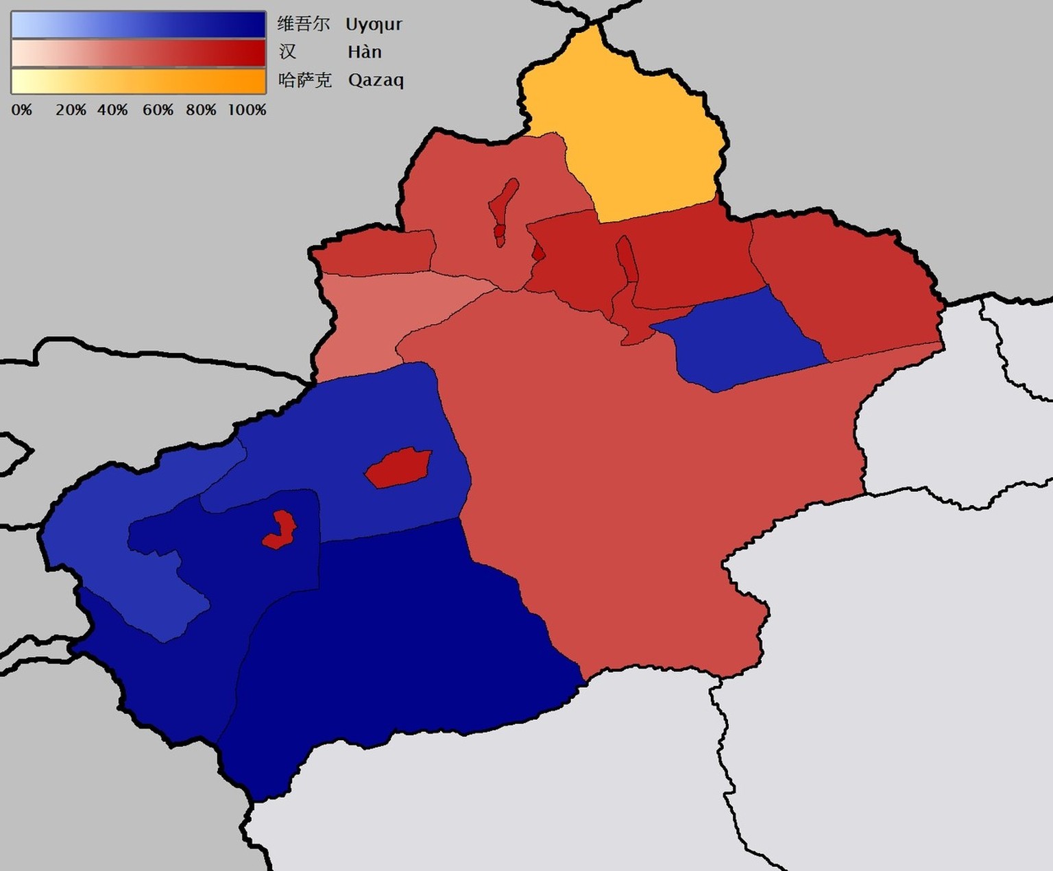 Nationalitäten in Xinjiang. Grösste Gruppen nach Bezirken: ﻿Blau = Uiguren, ﻿Rot = Han-Chinesen, ﻿Gelb = Kasachen.