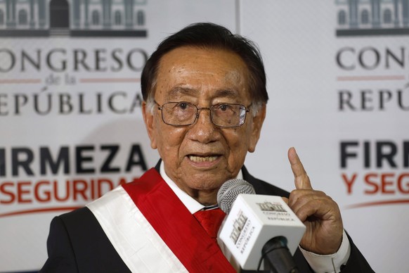 epa12756207 Peru's new interim president, Jose Maria Balcazar, speaks at a press conference in Lima, Peru, 18 February 2026. Peru's political crisis added its eighth president in nearly a de ...