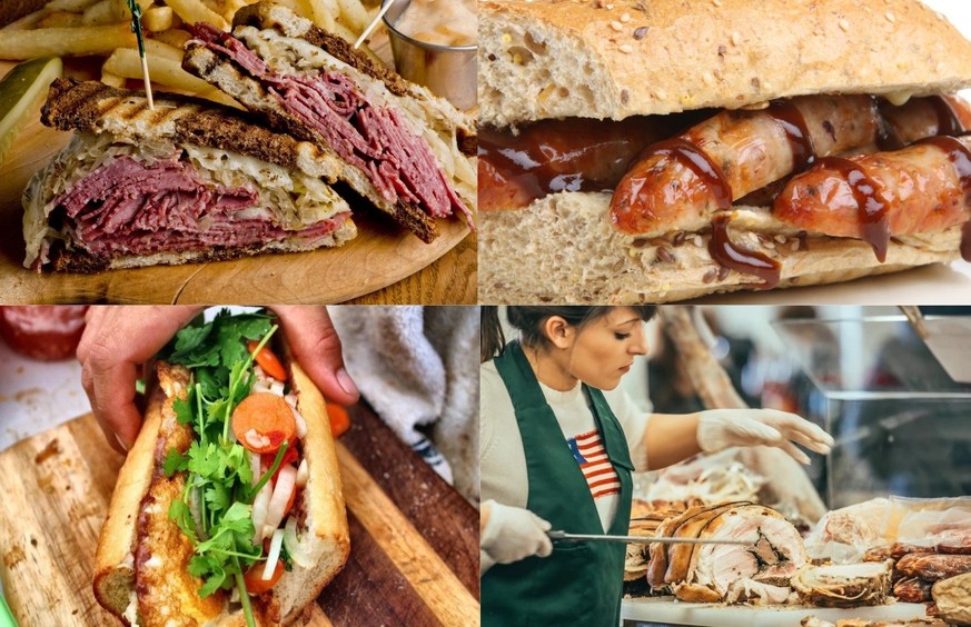 New York Deli Style Reuben Sandwich, Worker's Café Sausage Sarnie, Banh Mi, Panino con Porchetta romana – clockwise from top left.