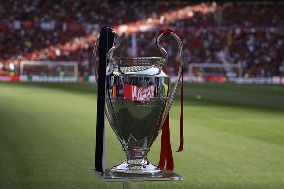 The Champions League trophy in display before the the Champions League final soccer match between Tottenham Hotspur and Liverpool at the Wanda Metropolitano Stadium in Madrid, Saturday, June 1, 2019.  ...