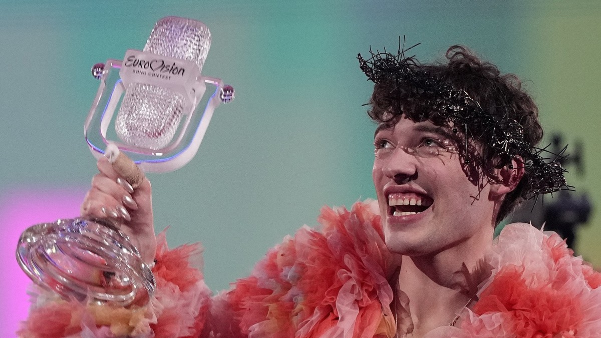 Nemo of Switzerland, who performed the song The Code, celebrates after winning the Grand Final of the Eurovision Song Contest in Malmo, Sweden, Saturday, May 11, 2024. (AP Photo/Martin Meissner)