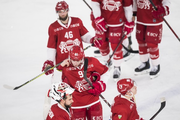 Deception des joueurs lausannois, lors de la rencontre du championnat suisse de hockey sur glace de National League entre le Lausanne Hockey Club, LHC, et le SC Bern ce mardi 22 janvier 2019 a la pati ...