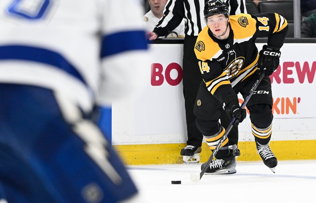 NHL, Eishockey Herren, USA Tampa Bay Lightning at Boston Bruins Mar 15, 2025 Boston, Massachusetts, USA Boston Bruins defenseman Ian Mitchell 14 looks to make a pass during the third period against th ...