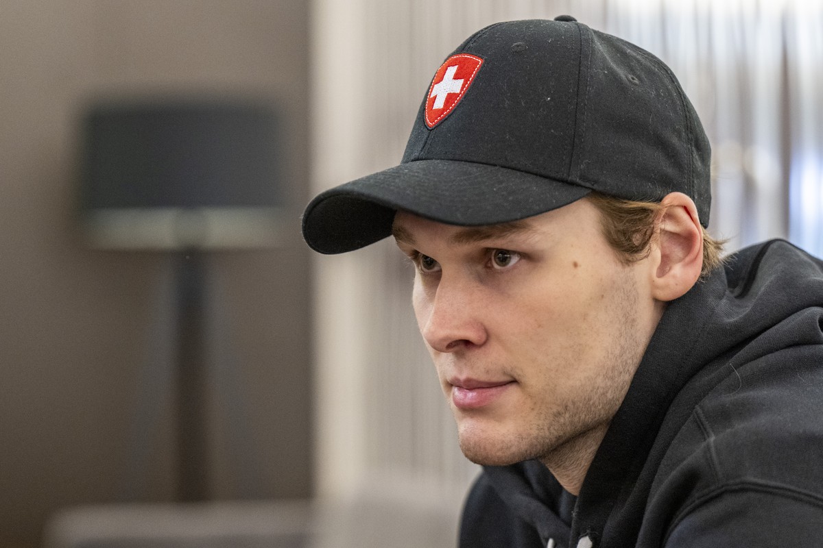 Switzerland's Goalkeeper Akira Schmid speaks during a media meeting in Prague, Czech Republic, on Friday, May 17, 2024. (KEYSTONE/Peter Schneider)