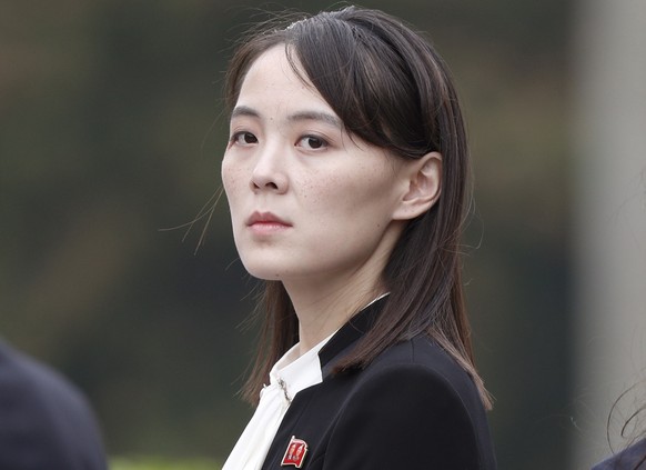 FILE - In this March 2, 2019, file photo, Kim Yo Jong, sister of North Korea&#039;s leader Kim Jong Un attends a wreath-laying ceremony at Ho Chi Minh Mausoleum in Hanoi, Vietnam. The powerful sister  ...