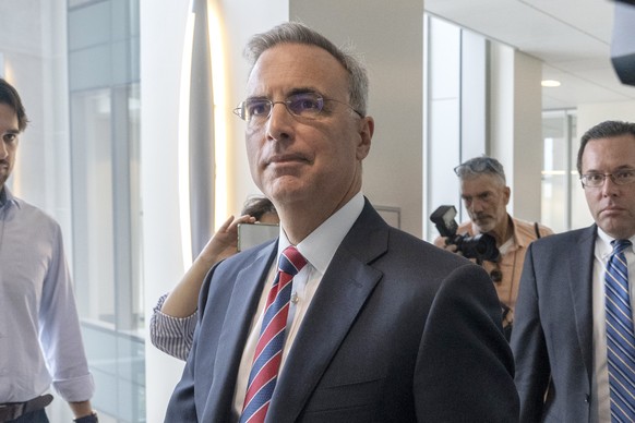 FILE - Pat Cipollone, the former White House counsel under President Donald Trump, arrives at an interview room in the Ford House Office Building after a break while answering questions from investiga ...