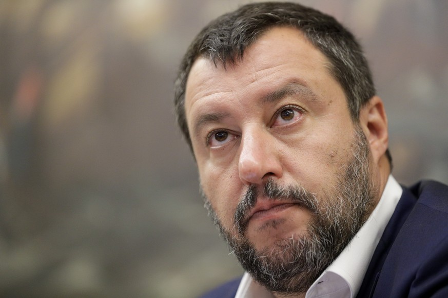 Italian Interior Minister and deputy Premier Matteo Salvini listens to journalists questions during a press conference he held in Rome, Thursday, July 25, 2019. (AP Photo/Andrew Medichini)