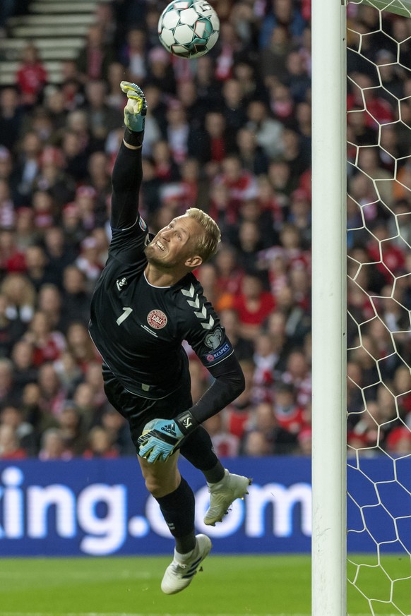 Denmark&#039;s goalkeeper Kasper Schmeichel in action during the UEFA Euro 2020 qualifying Group D soccer match between Denmark and Switzerland at the Telia Parken stadium in Kopenhagen, Denmark, on S ...