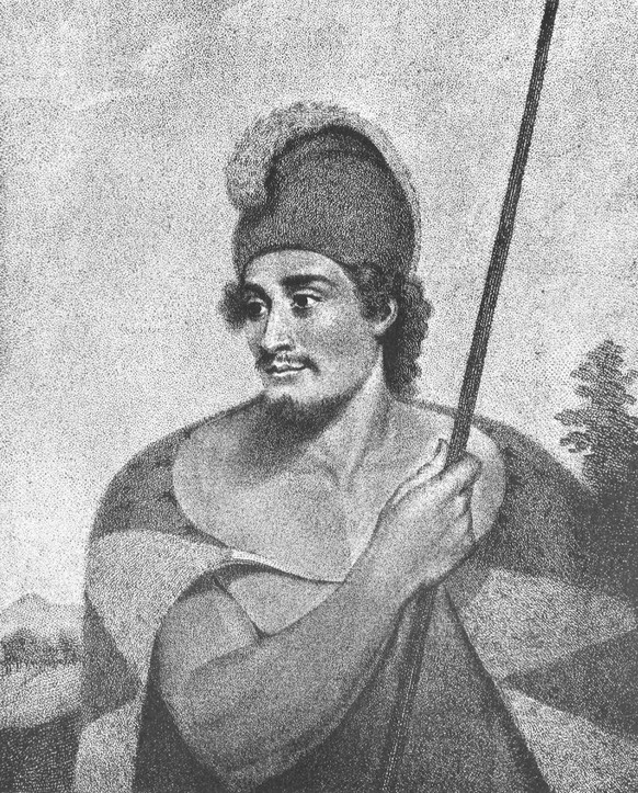 Tianna, a Prince of Atooi or Ka&#039;iana, lithograph after painting by Spoilum, 1787. in John Meares. Voyages Made in the Years 1788 and 1789.