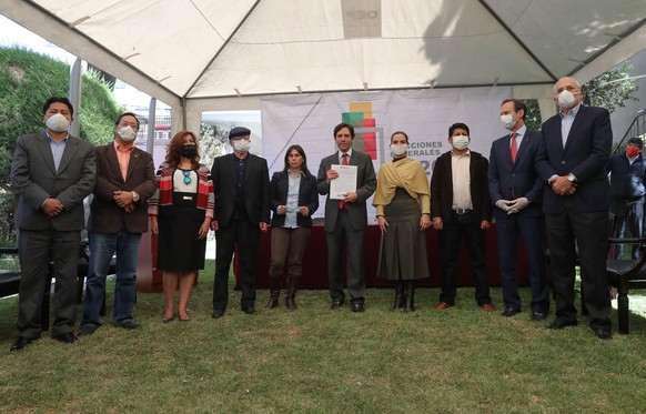 epa08461095 President of the Supreme Electoral Tribunal (TSE), Salvador Romero (5R), along with members of the political forces participate in a political meeting, in La Paz, Bolivia, 02 June 2020. Th ...