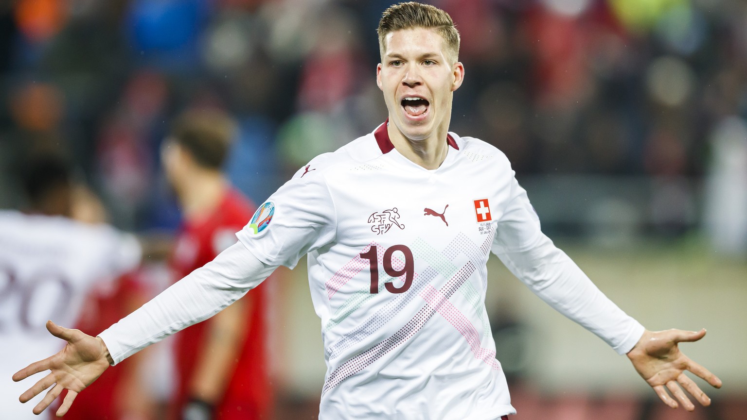 Switzerland&#039;s midfielder Cedric Itten celebrates his goal during the UEFA Euro 2020 qualifying Group D soccer match between Switzerland and Georgia at the Kybunpark stadium in St. Gallen, Switzer ...