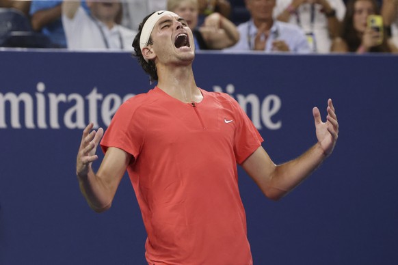 Taylor Fritz, of the United States, celebrates after defeating Dominic Stricker, of Switzerland, during the fourth round of the U.S. Open tennis championships, Sunday, Sept. 3, 2023, in New York. (AP  ...