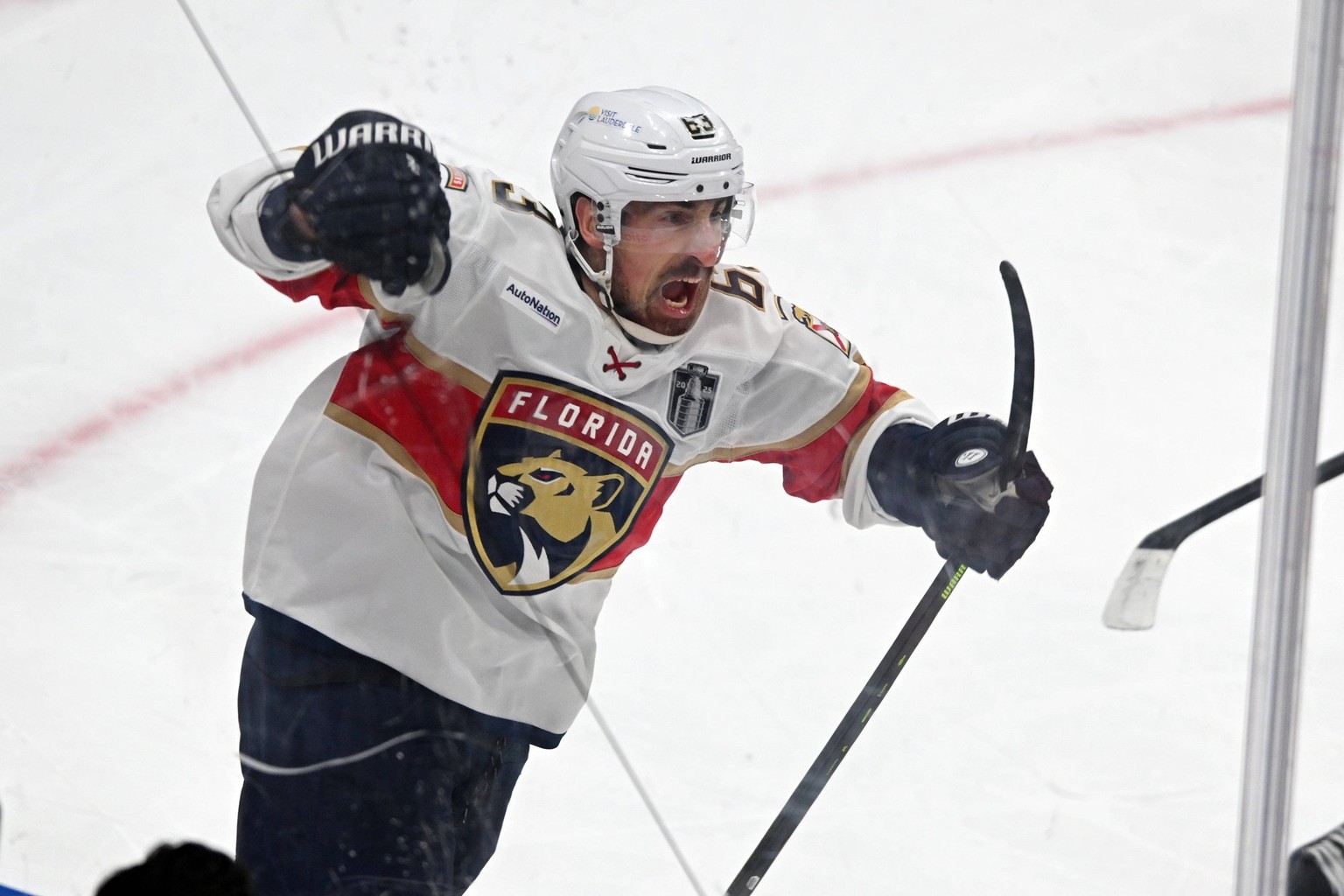NHL, Eishockey Herren, USA Stanley Cup Final-Florida Panthers at Edmonton Oilers Jun 6, 2025 Edmonton, Alberta, CAN Florida Panthers center Brad Marchand 63 reacts after scoring a goal on Edmonton Oil ...
