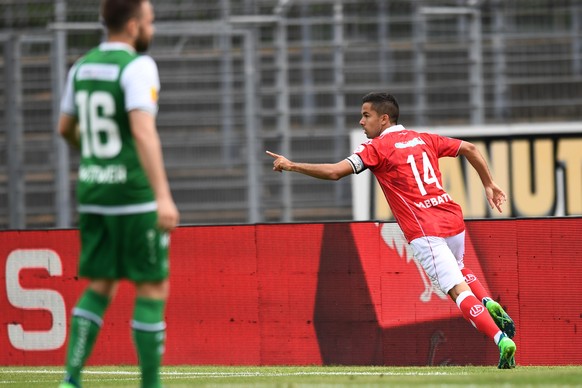 Lugano&#039;s player Jonathan Sabbatini celebrates the 1-0 goal during the Super League soccer match between FC Lugano and FC St. Gallen, at the Cornaredo stadium in Lugano, Sunday, April 29, 2018. (K ...