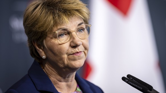 Swiss Federal President Viola Amherd speaks during the Swiss closing press conference during the Summit on peace in Ukraine, in Stansstad near Lucerne, Switzerland, Sunday, June 16, 2024. Heads of sta ...