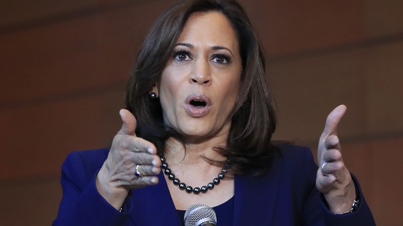 Sen. Kamala Harris, D-Calif., speaks to members of the media at her alma mater, Howard University, Monday, Jan. 21, 2019 in Washington, following her announcement earlier in the morning that she will  ...