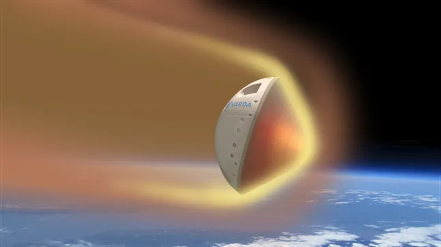 Artist&#039;s conception of a capsule from Varda Space Industries re-entering the atmosphere. https://www.varda.com/