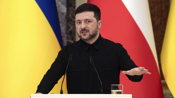 Ukraine-Poland talks in Kyiv Ukrainian President Volodymyr Zelenskyy speaks during a press conference after meeting with Polish Prime Minister Donald Tusk in Kyiv on Feb. 5, 2026. PUBLICATIONxINxAUTxB ...
